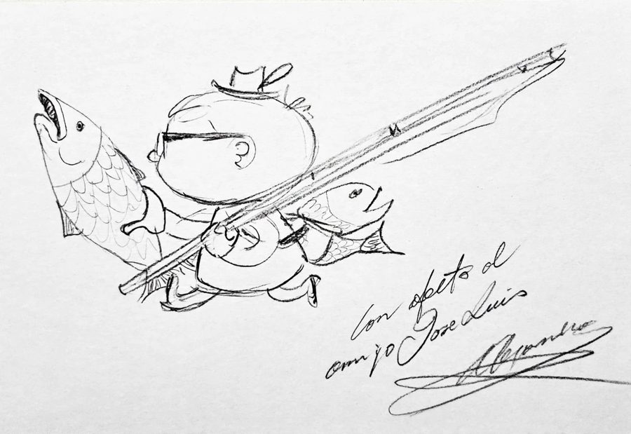 Caricatura a lápiz de José Luis Gimeno con gafas y sombrero, corriendo con una caña de pescar y dos peces enormes, dedicada «Con afecto al amigo José Luis»