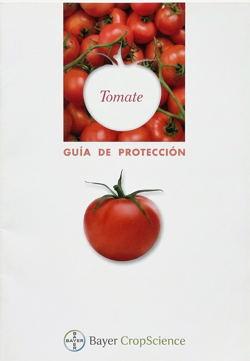 Portada de la «Guía de protección del tomate» de Bayer CropScience, de 2007, con tomates rojos y un tomate recortado en blanco con la palabra Tomate