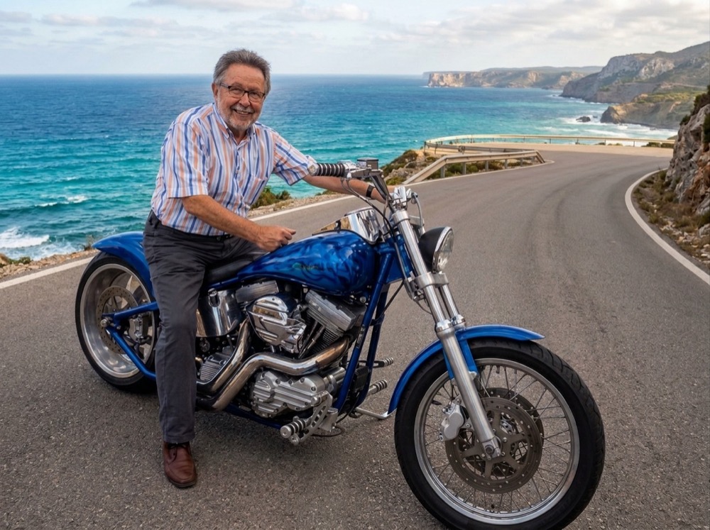 José Luis Gimeno sonriente sobre su moto custom azul en una carretera de costa junto al mar